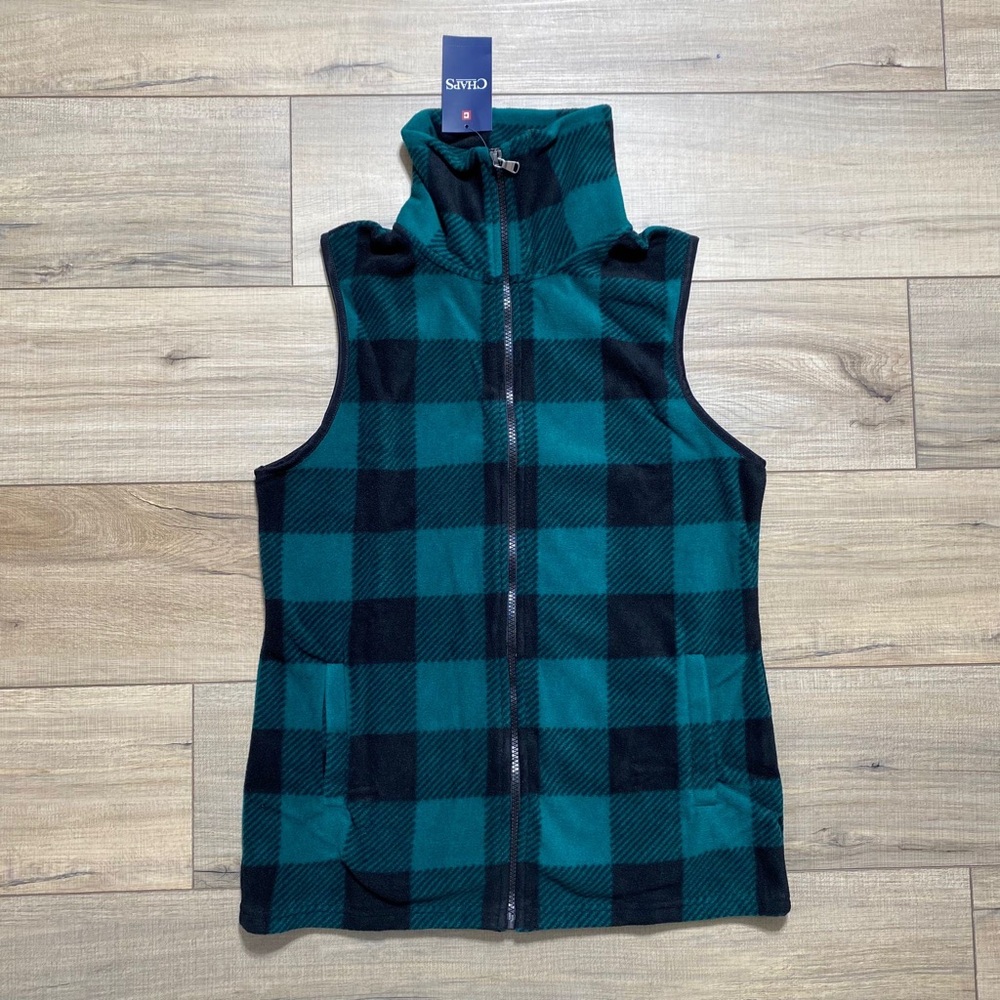 CHAPS Womens Buffalo Plaid Fleece Zip Front Mock Neck Vest Size S Green Black